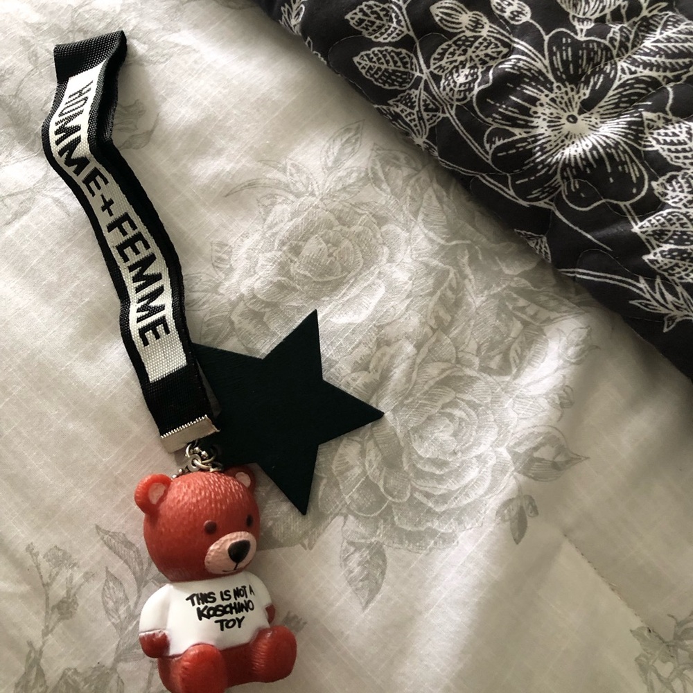 Teddy Keychain Charm with 'HOMME+FEMME' Strap - Red/Brown Bear
